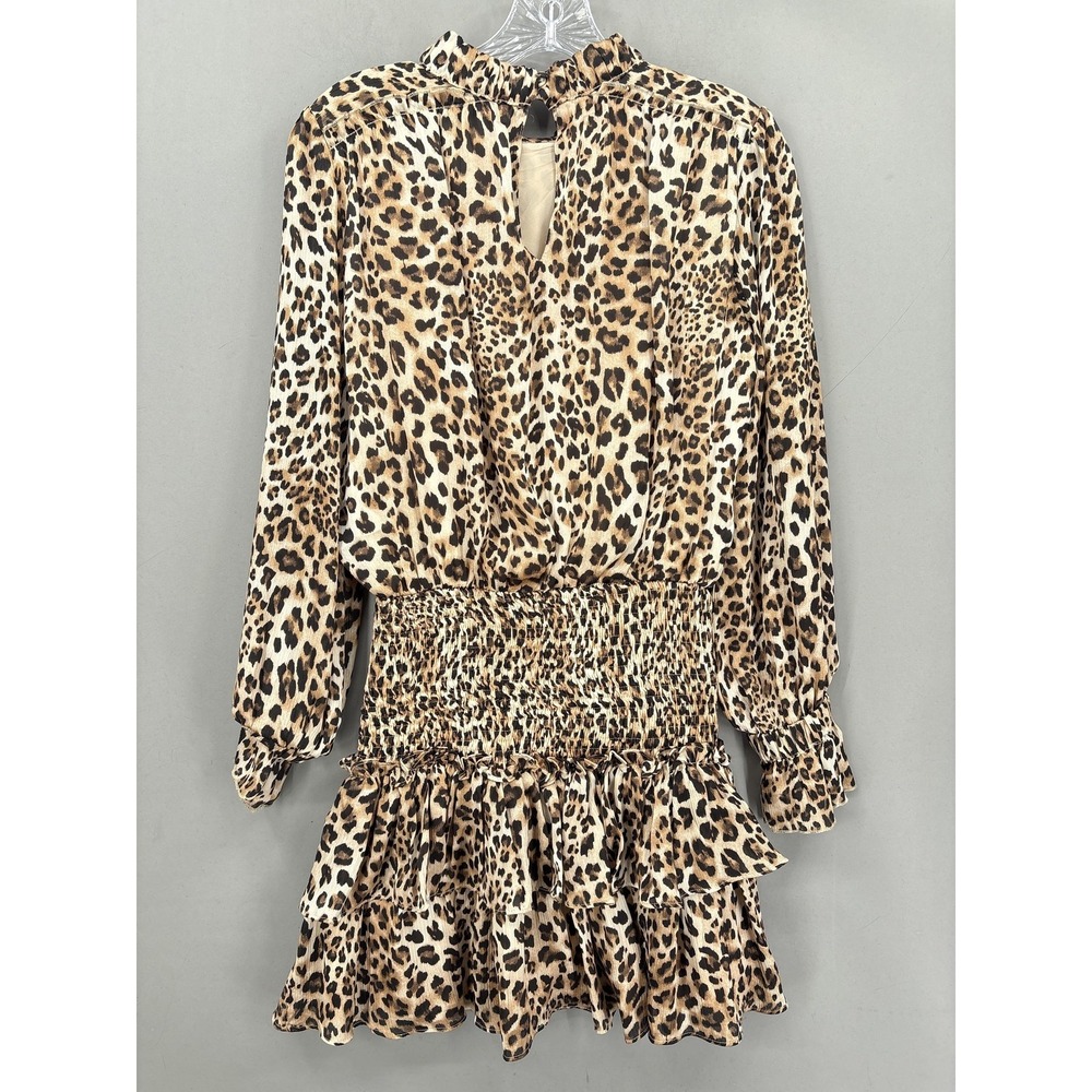 TCEC Dress Small Brown Leopard Long Sleeve Smocked Tiered Ruffle Fit Mini - Picture 9 of 11